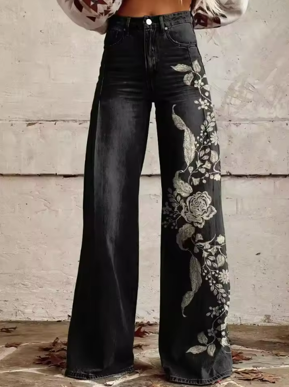 ECSLISSI | Vintage Zwarte Bloemen Chic Pants