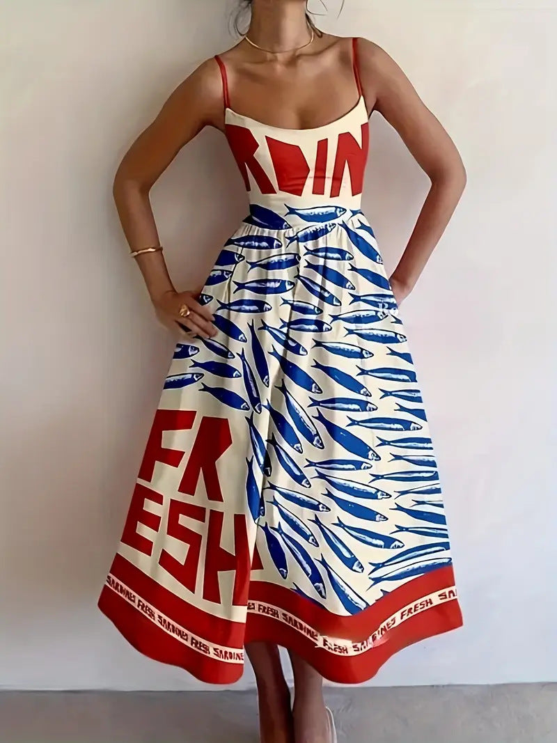 Vestido Tirantes estampado rojo y azul