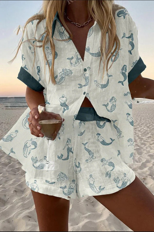 Conjunto Corto de Lino Estampado Sirenas