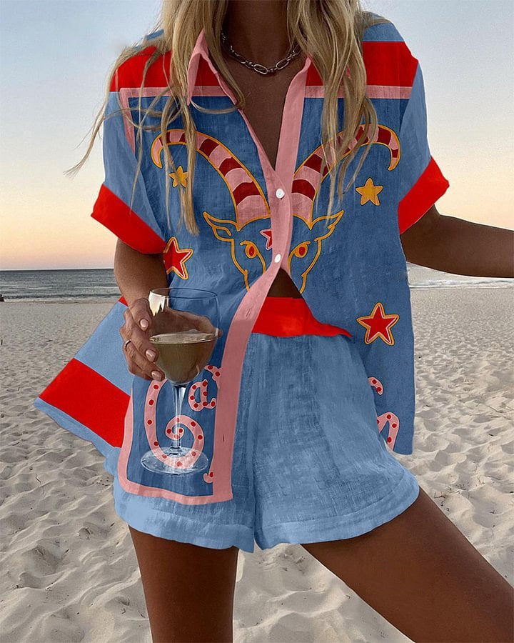 Conjunto Corto de Lino Estampado Cabra