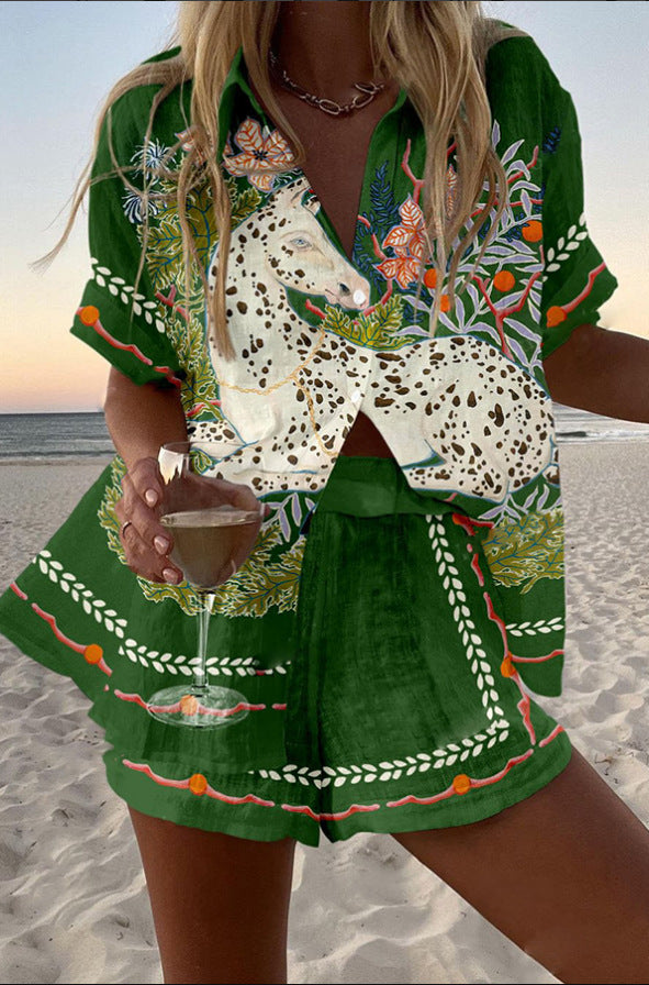 Conjunto Corto de Lino Estampado Caballo