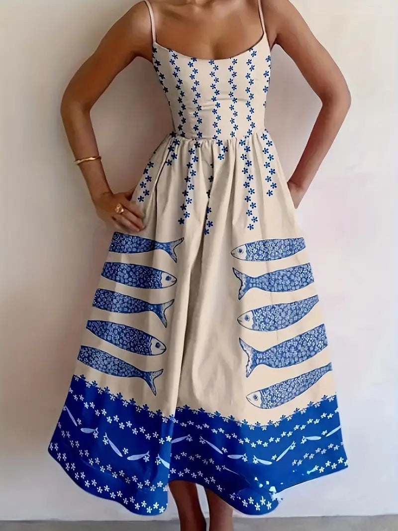 Vestido Tirantes estampado sardinas azules