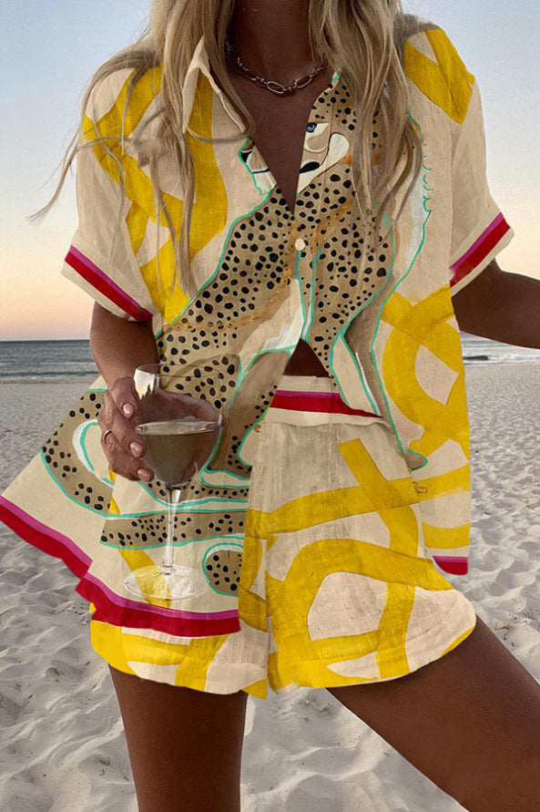 Conjunto Corto de Lino Estampado Guepardo